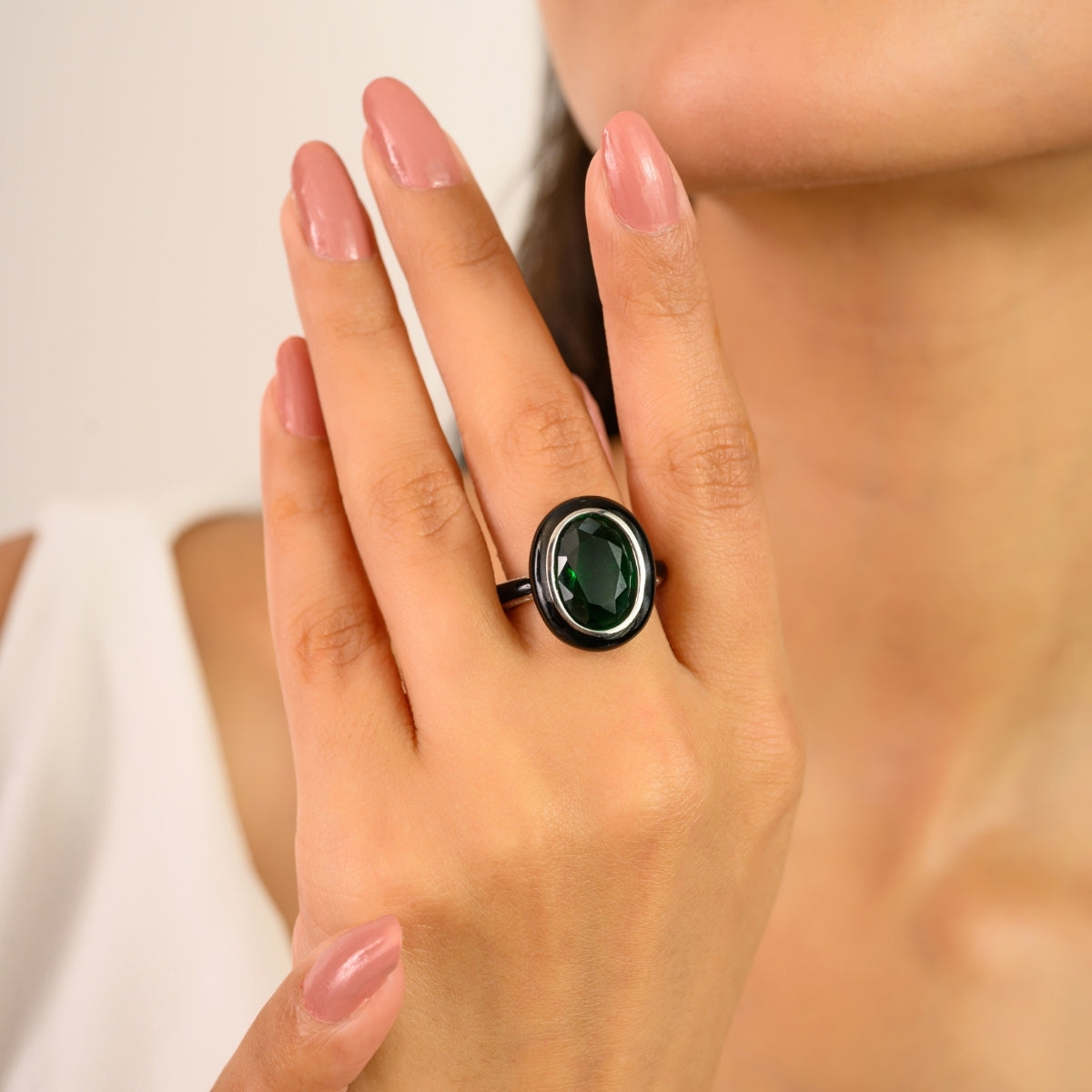 925 Sterling Silver Green Oval Retro Ring