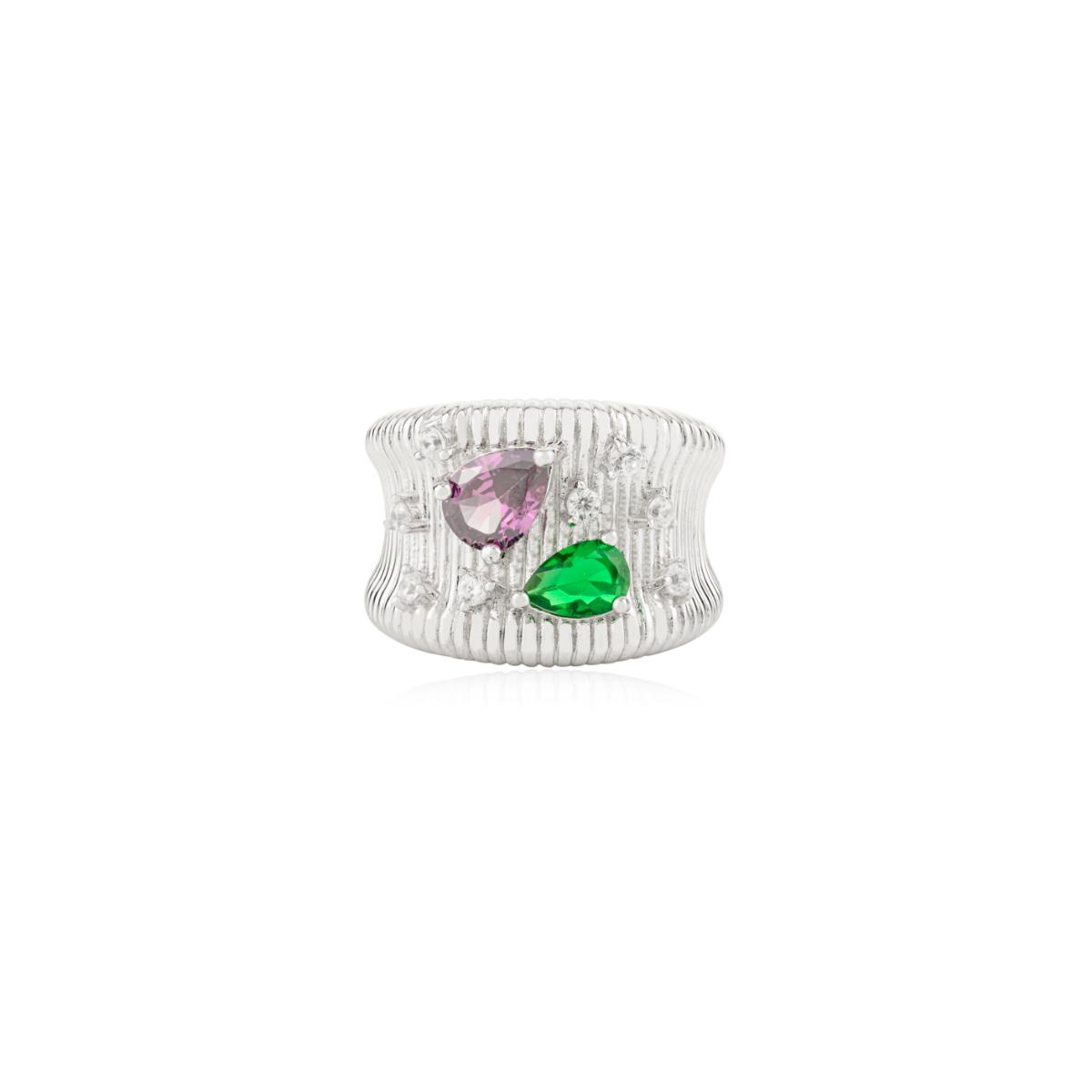 925 Sterling Silver White Ribbed Ring with Colourful Diamond