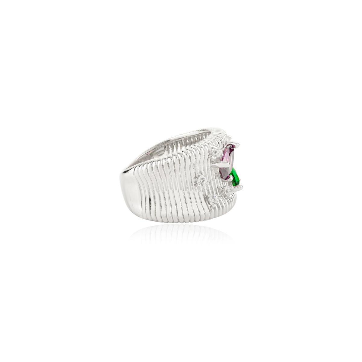 925 Sterling Silver White Ribbed Ring with Colourful Diamond