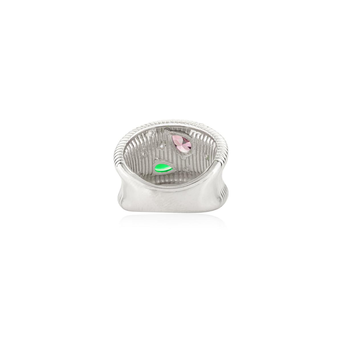 925 Sterling Silver White Ribbed Ring with Colourful Diamond
