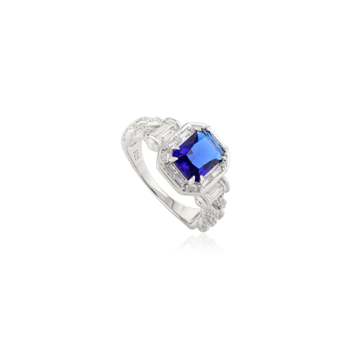 925 Sterling Silver Blue and White Diamond Halo Ring