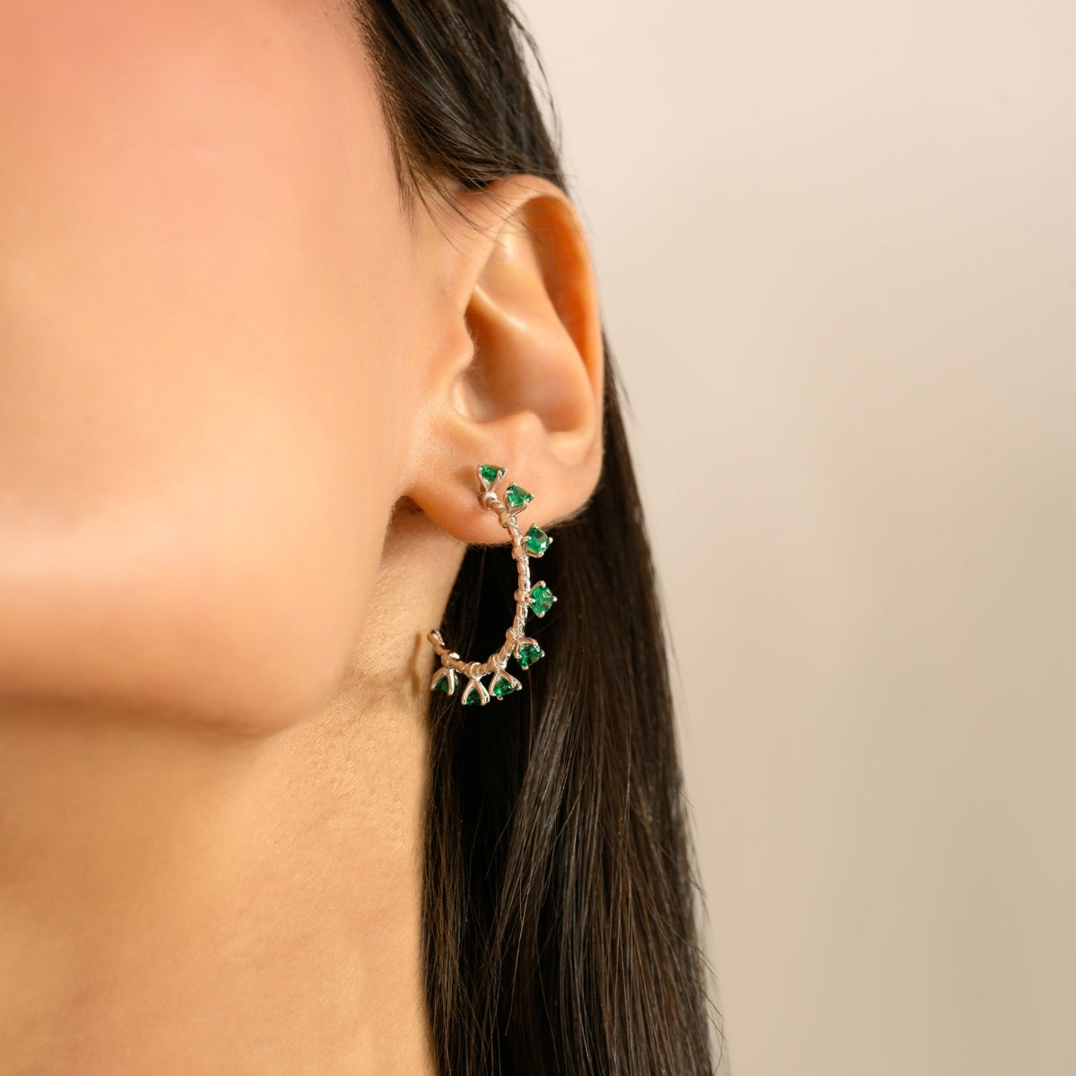 925 Silver White and Green CZ Semi Hoop Earrings
