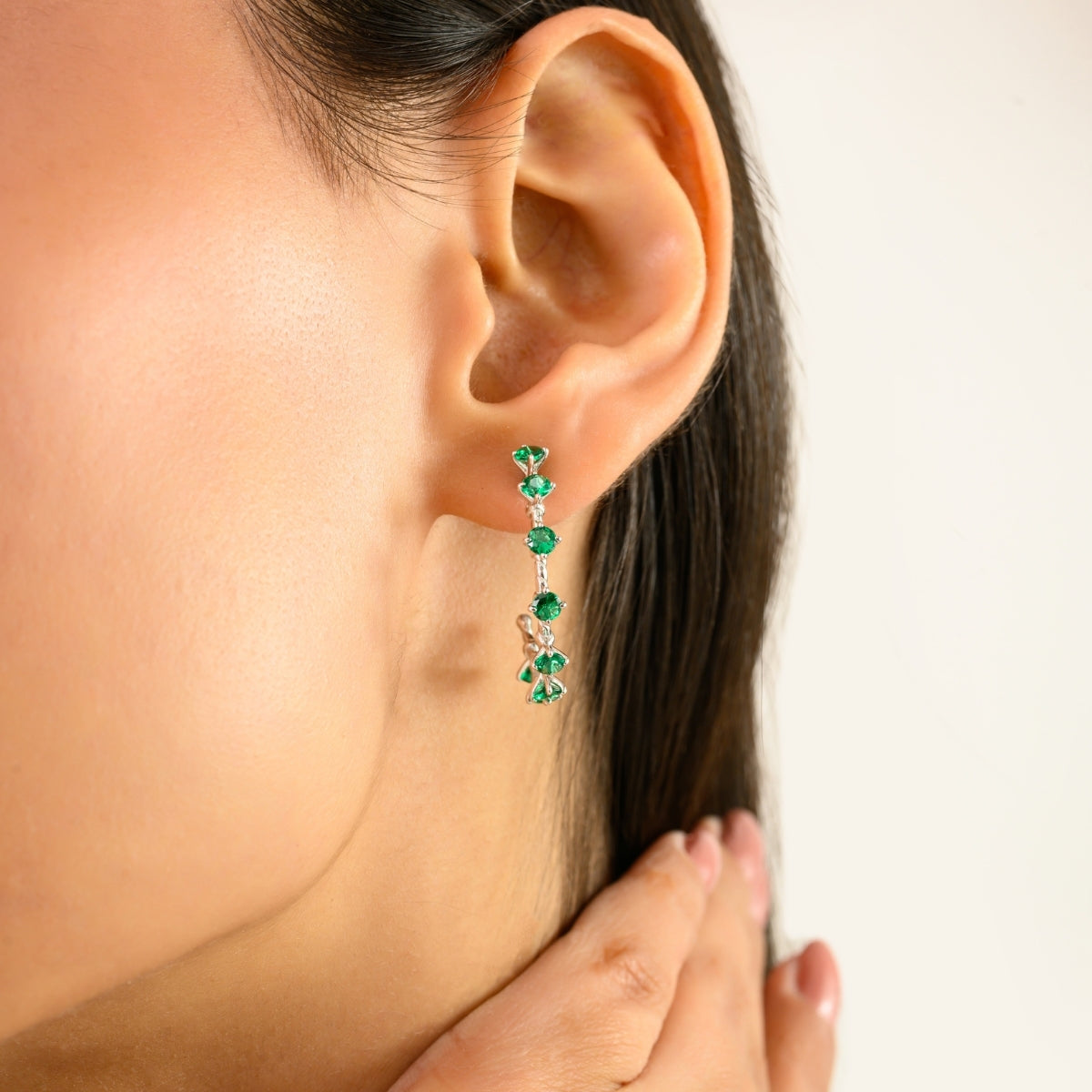 925 Silver White and Green CZ Semi Hoop Earrings