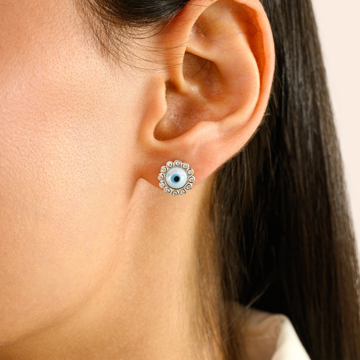 925 Silver White CZ Evil Eye Stud Earrings