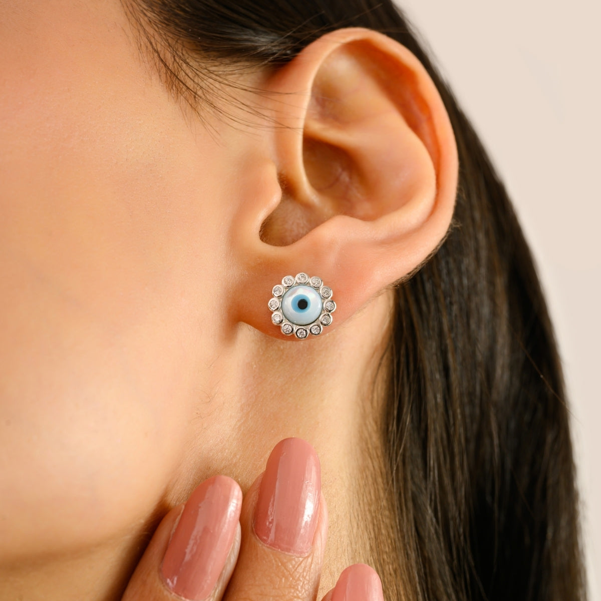 925 Silver White CZ Evil Eye Stud Earrings