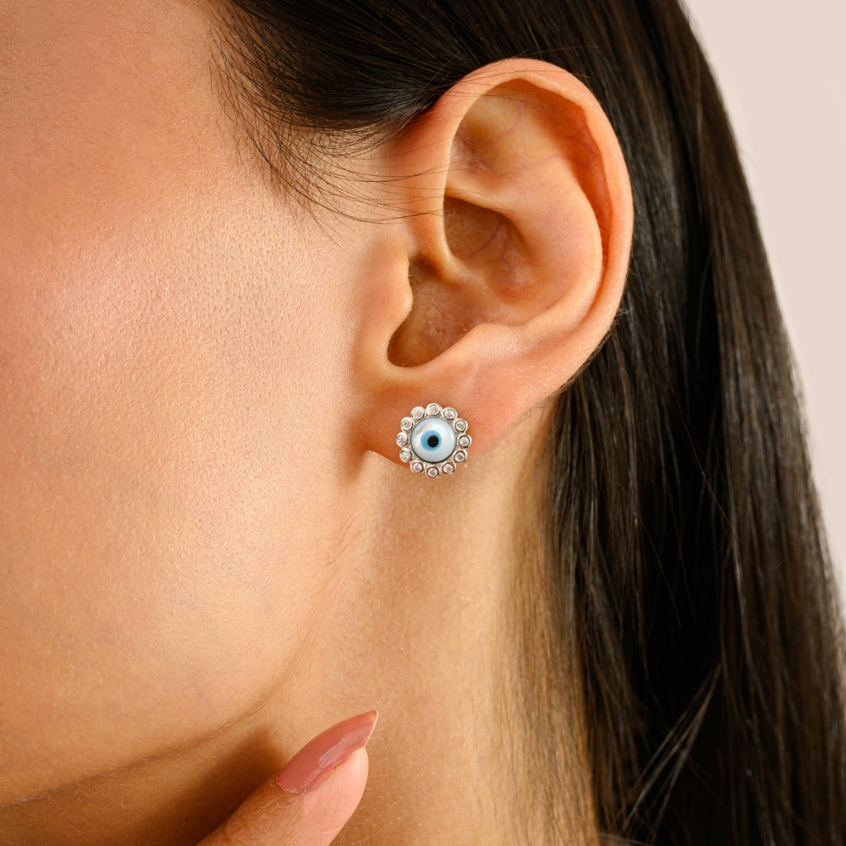 925 Silver White CZ Evil Eye Stud Earrings