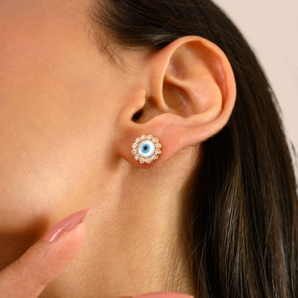 925 Silver Rose Gold Plated White CZ Evil Eye Stud Earrings