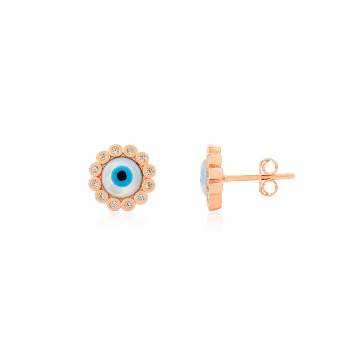 925 Silver Rose Gold Plated White CZ Evil Eye Stud Earrings