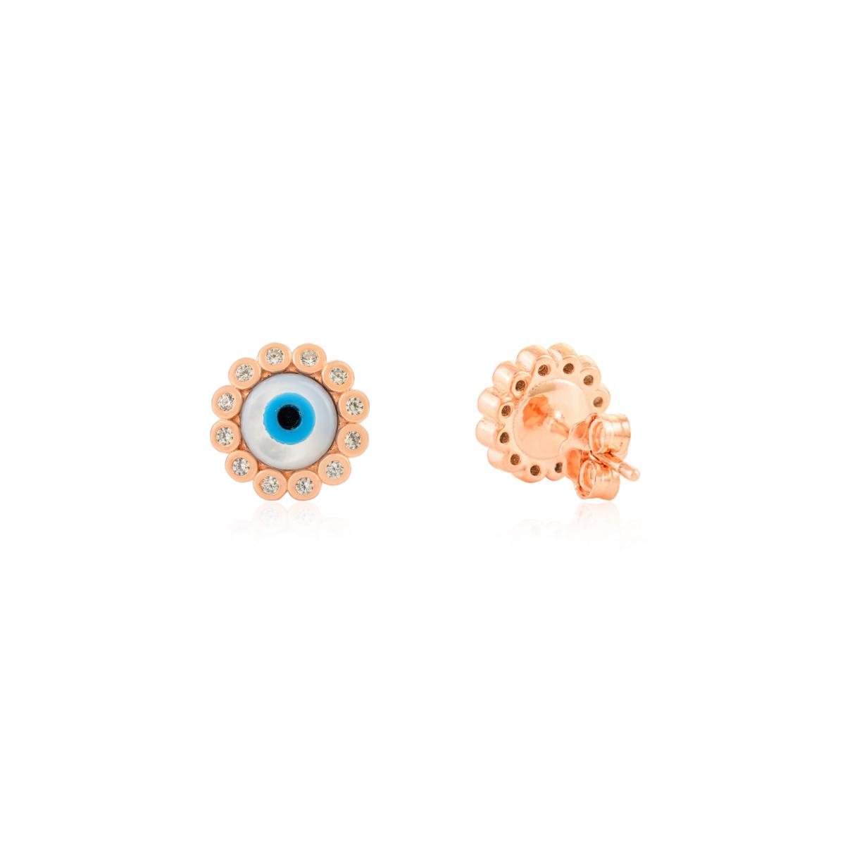 925 Silver Rose Gold Plated White CZ Evil Eye Stud Earrings