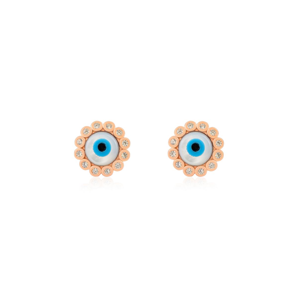 925 Silver Rose Gold Plated White CZ Evil Eye Stud Earrings