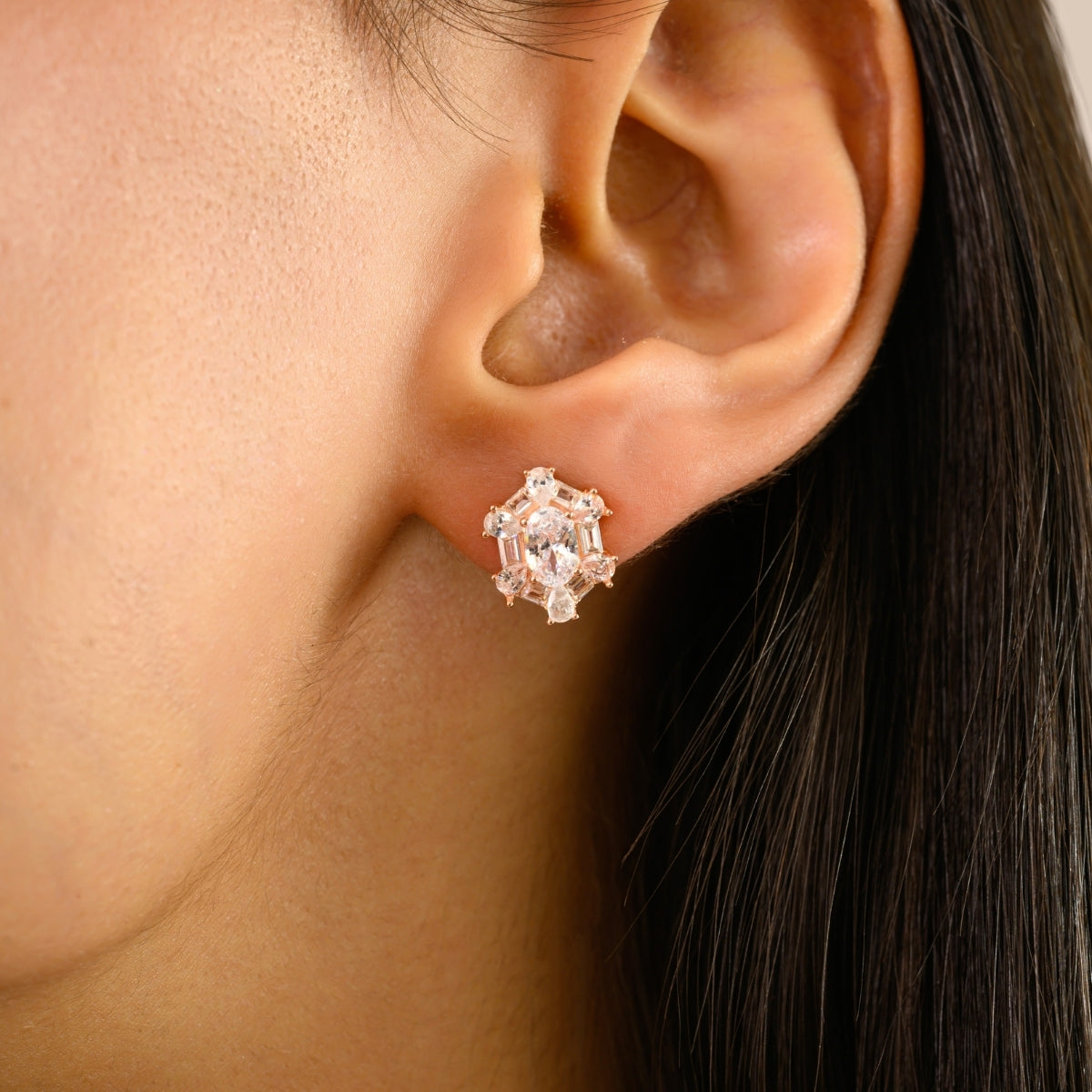 925 Silver Rose Gold White CZ Stud Earrings