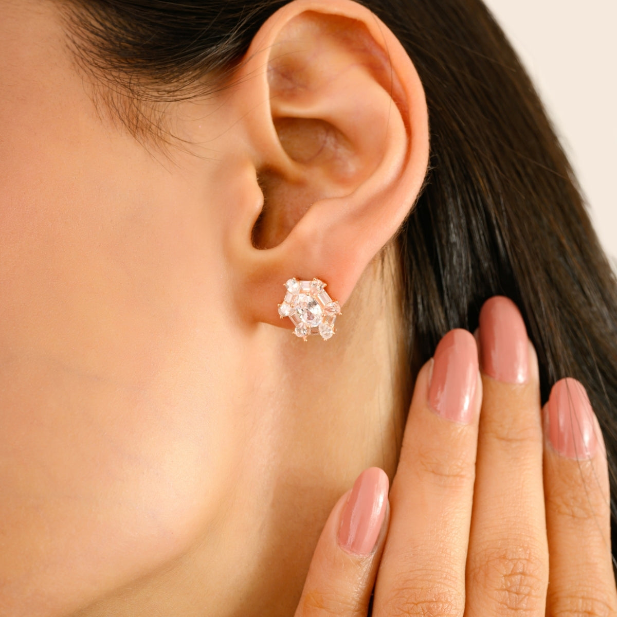 925 Silver Rose Gold White CZ Stud Earrings
