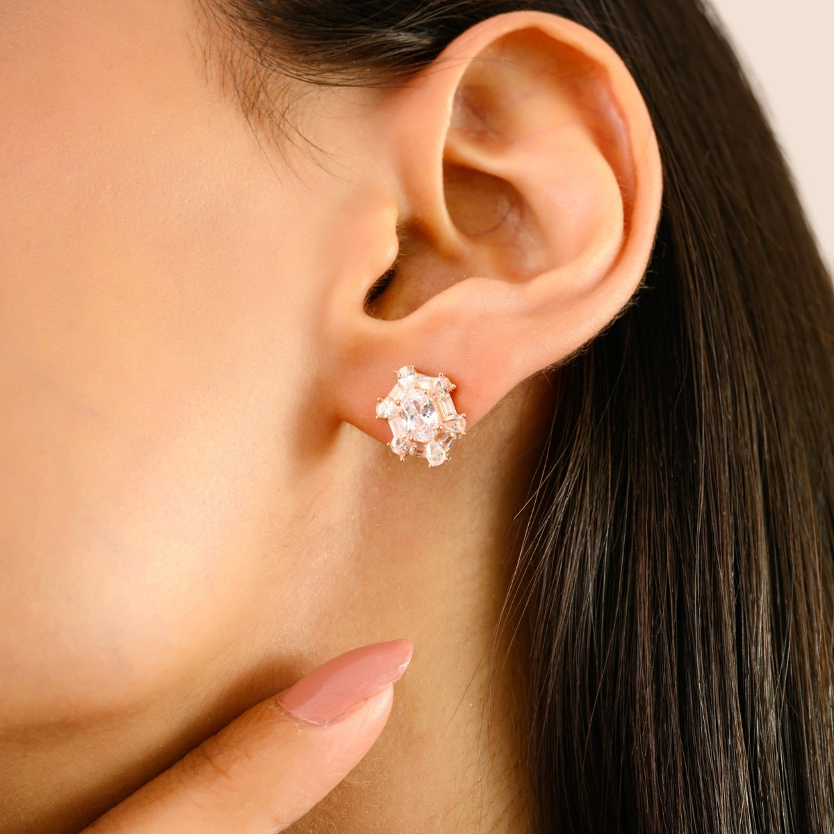 925 Silver Rose Gold White CZ Stud Earrings
