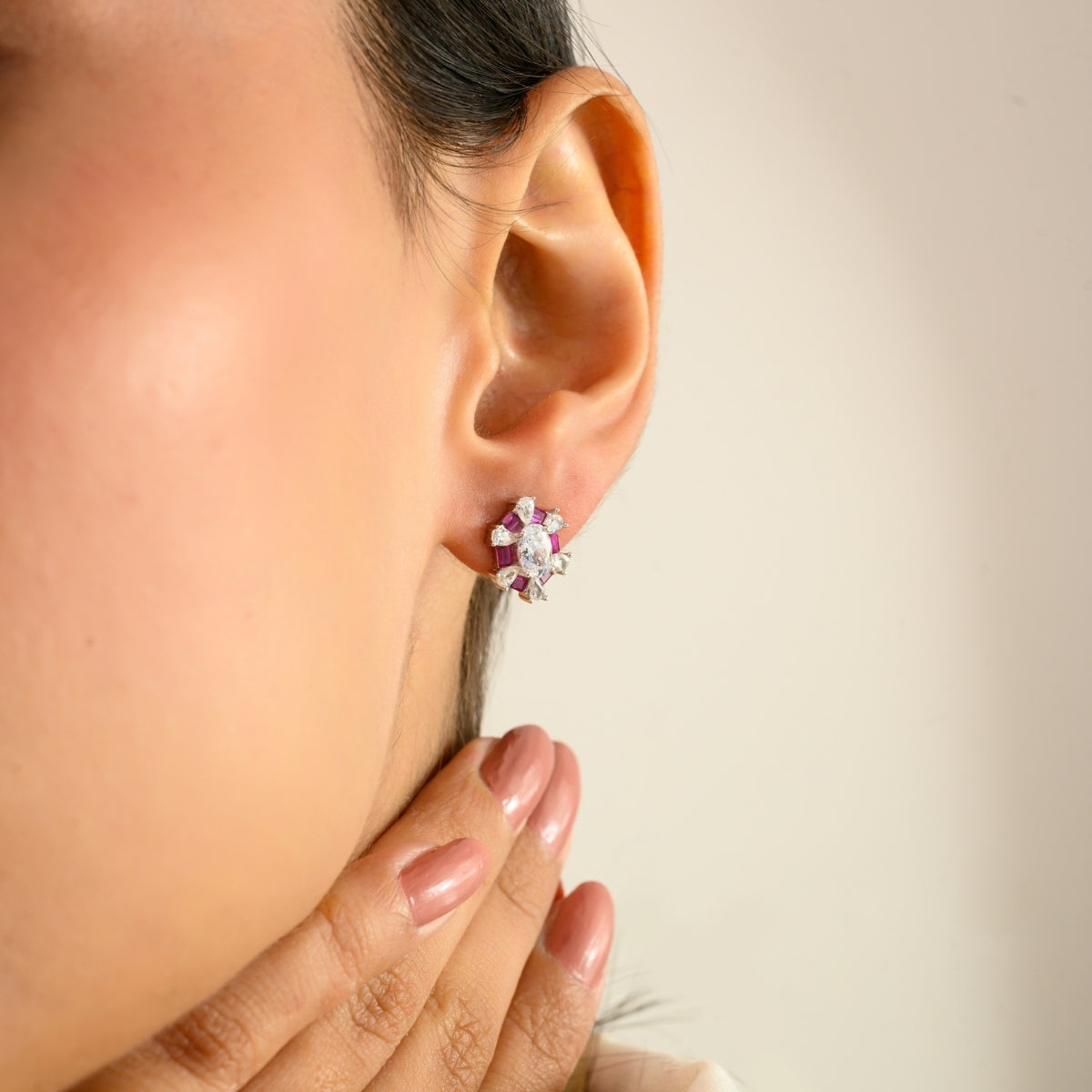 925 Silver White Pink CZ Stud Earrings