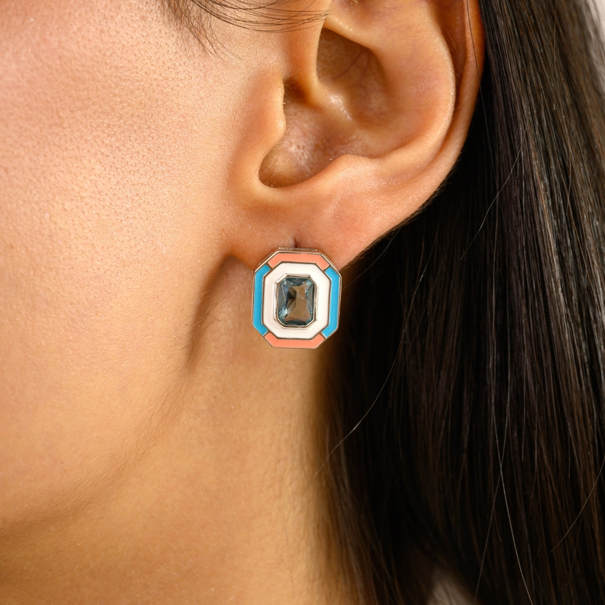 925 Silver Blue CZ Hexagon Multi Color Enamel Stud Earrings
