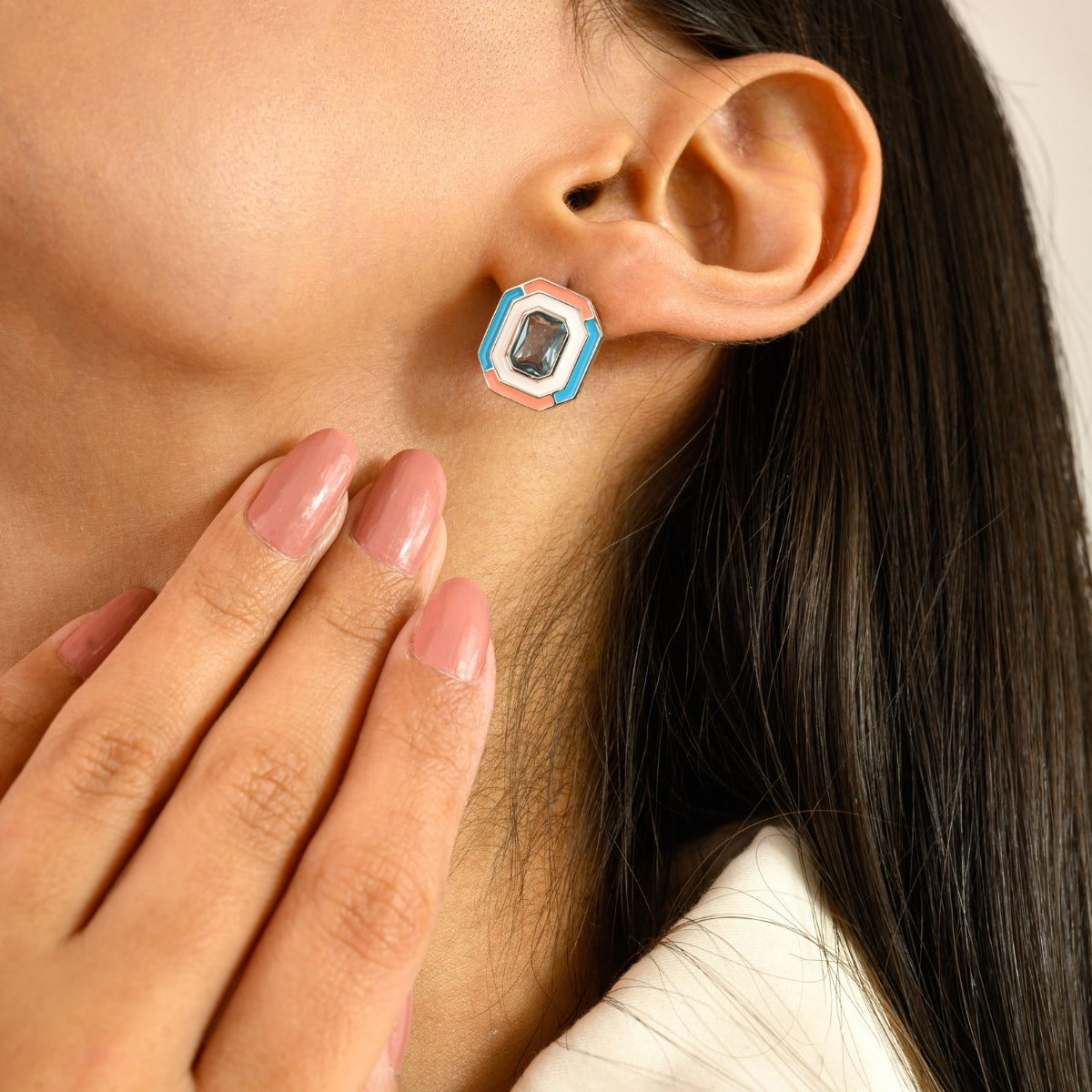 925 Silver Blue CZ Hexagon Multi Color Enamel Stud Earrings