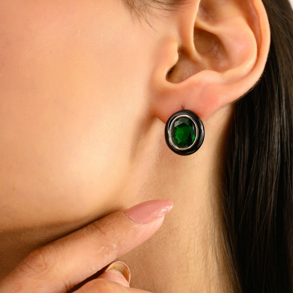 925 Silver Green Emerald CZ Enamel Oval Stud Earrings
