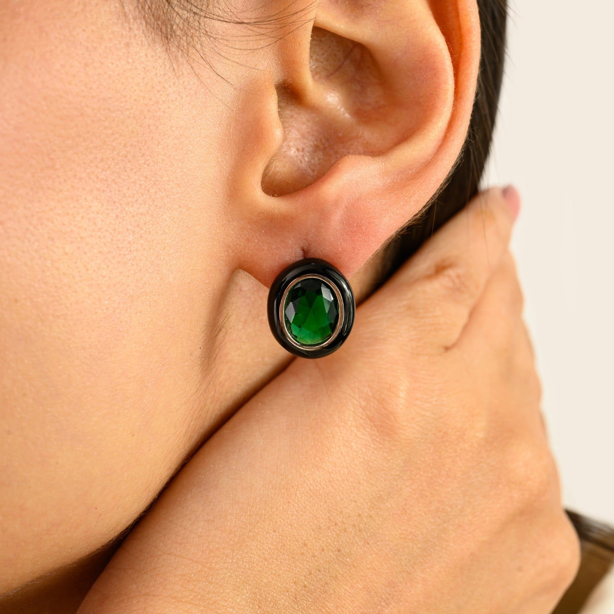 925 Silver Green Emerald CZ Enamel Oval Stud Earrings