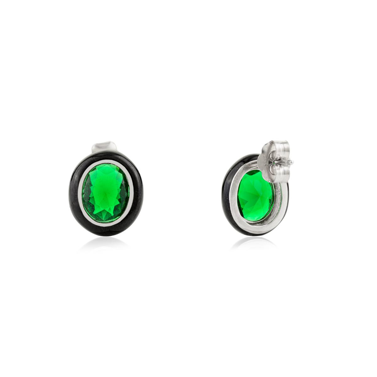 925 Silver Green Emerald CZ Enamel Oval Stud Earrings