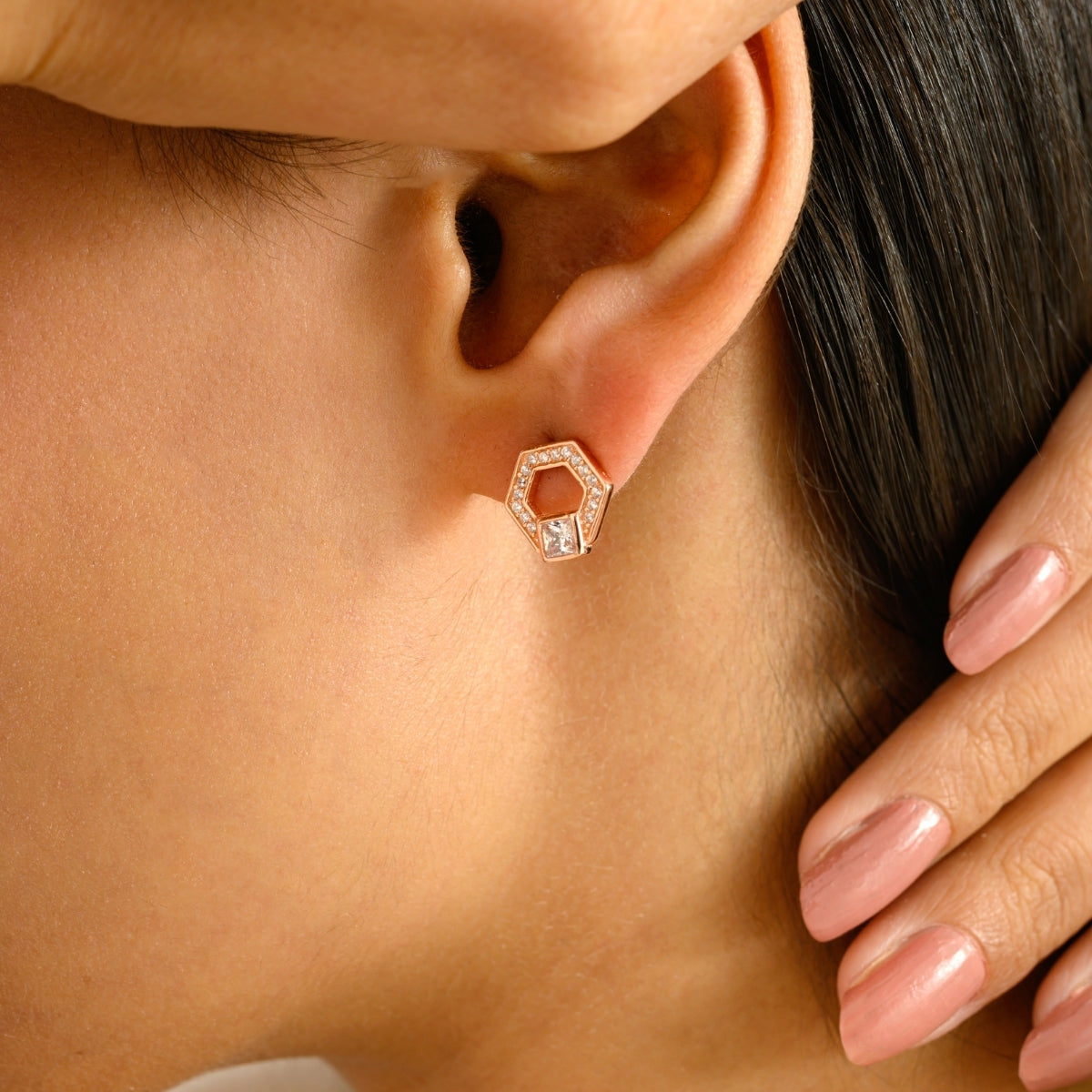 925 Silver White CZ Hexagon Rose Gold Stud Earrings