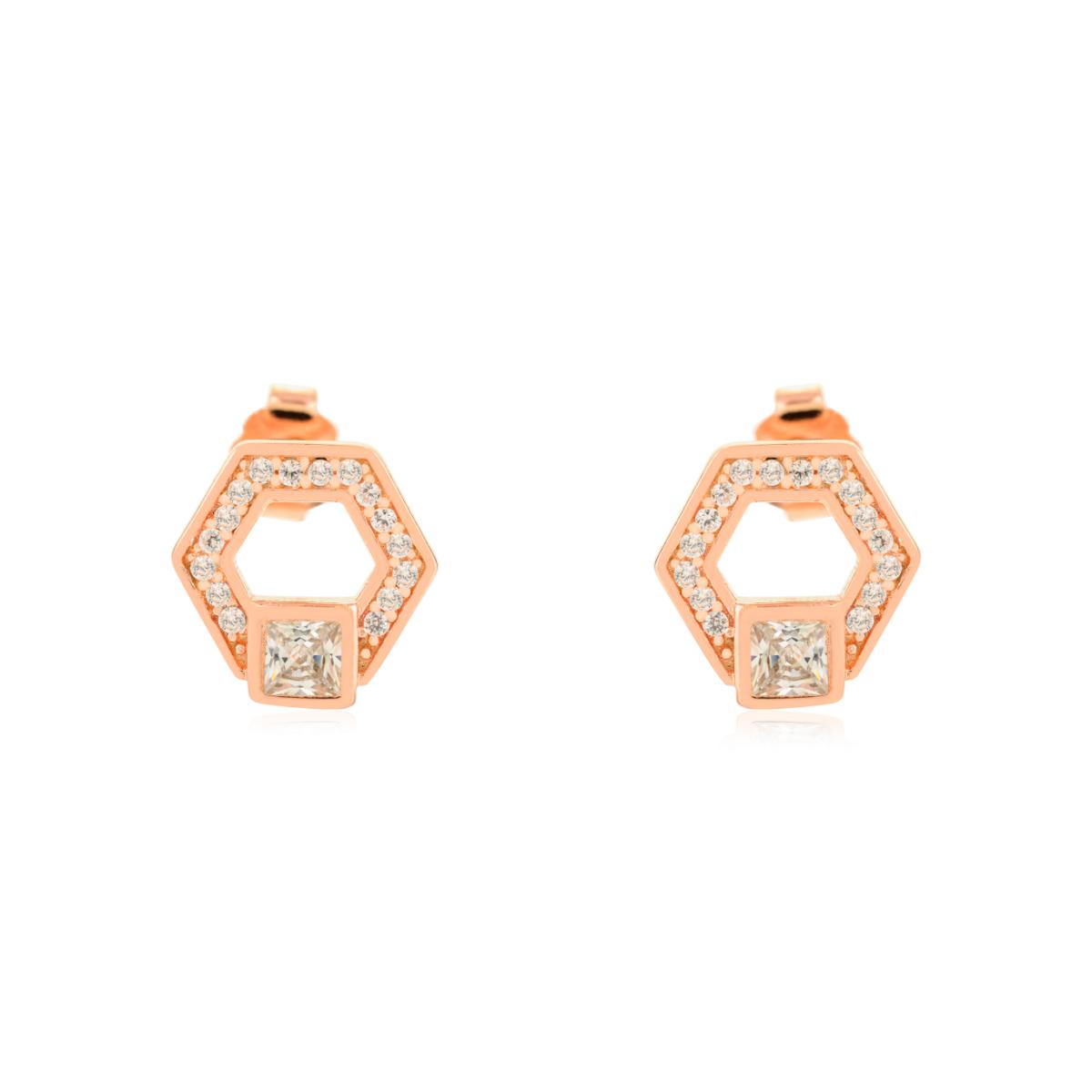 925 Silver White CZ Hexagon Rose Gold Stud Earrings
