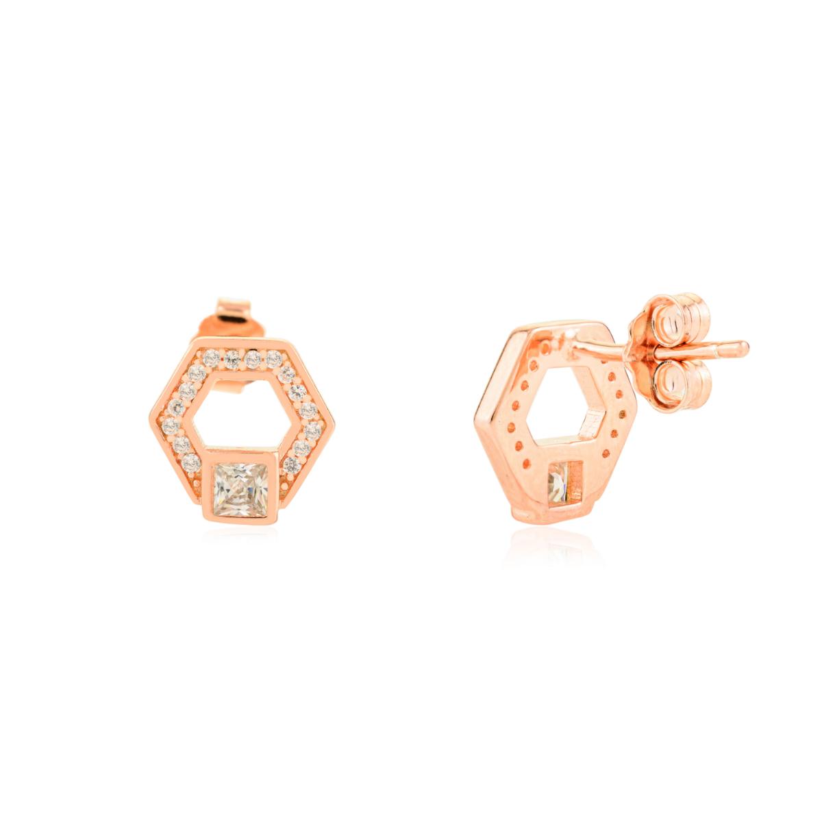 925 Silver White CZ Hexagon Rose Gold Stud Earrings