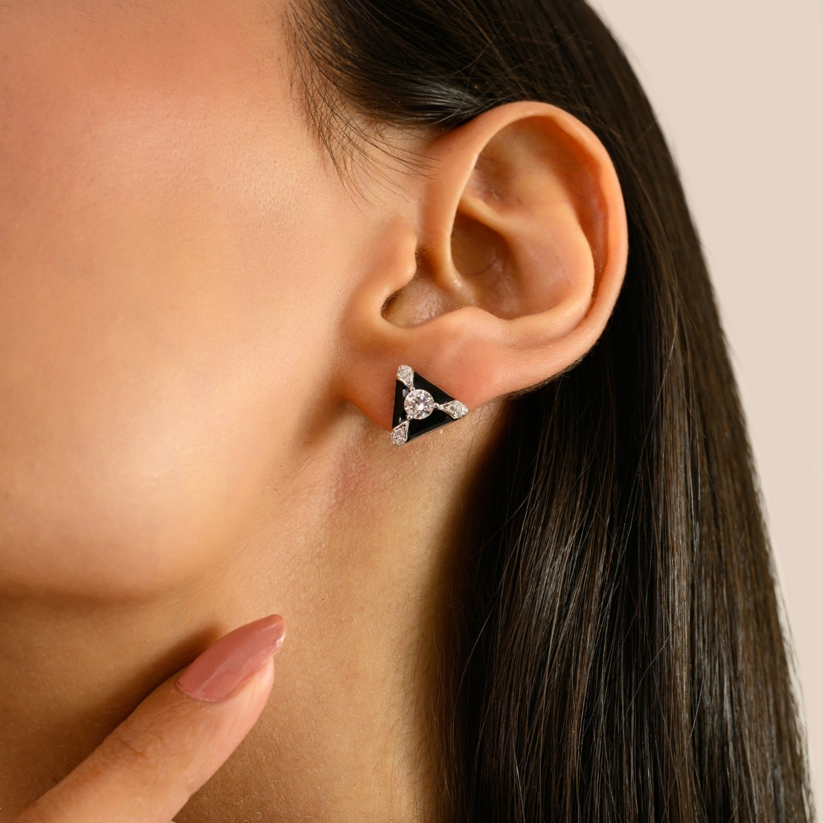 925 Silver White CZ Black Enamel Triangel Stud Earrings