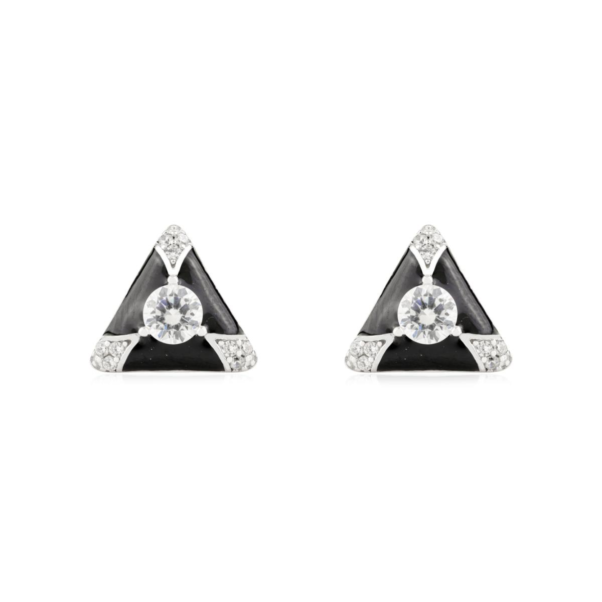 925 Silver White CZ Black Enamel Triangel Stud Earrings