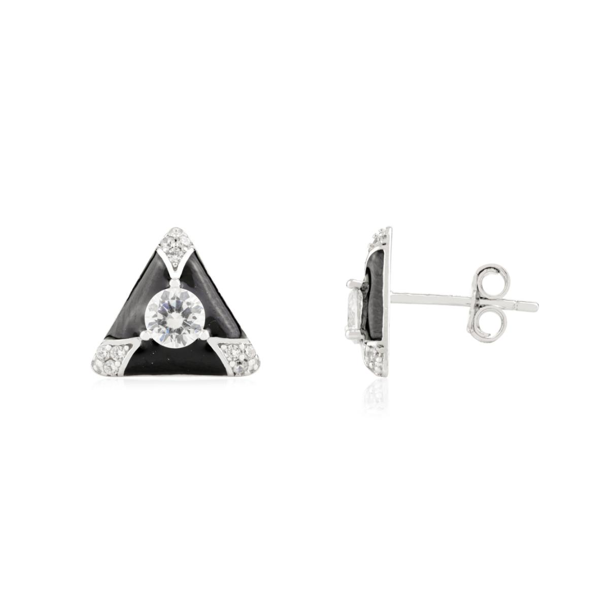 925 Silver White CZ Black Enamel Triangel Stud Earrings