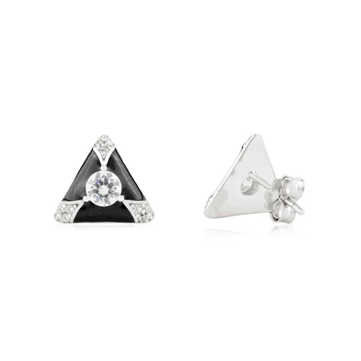 925 Silver White CZ Black Enamel Triangel Stud Earrings