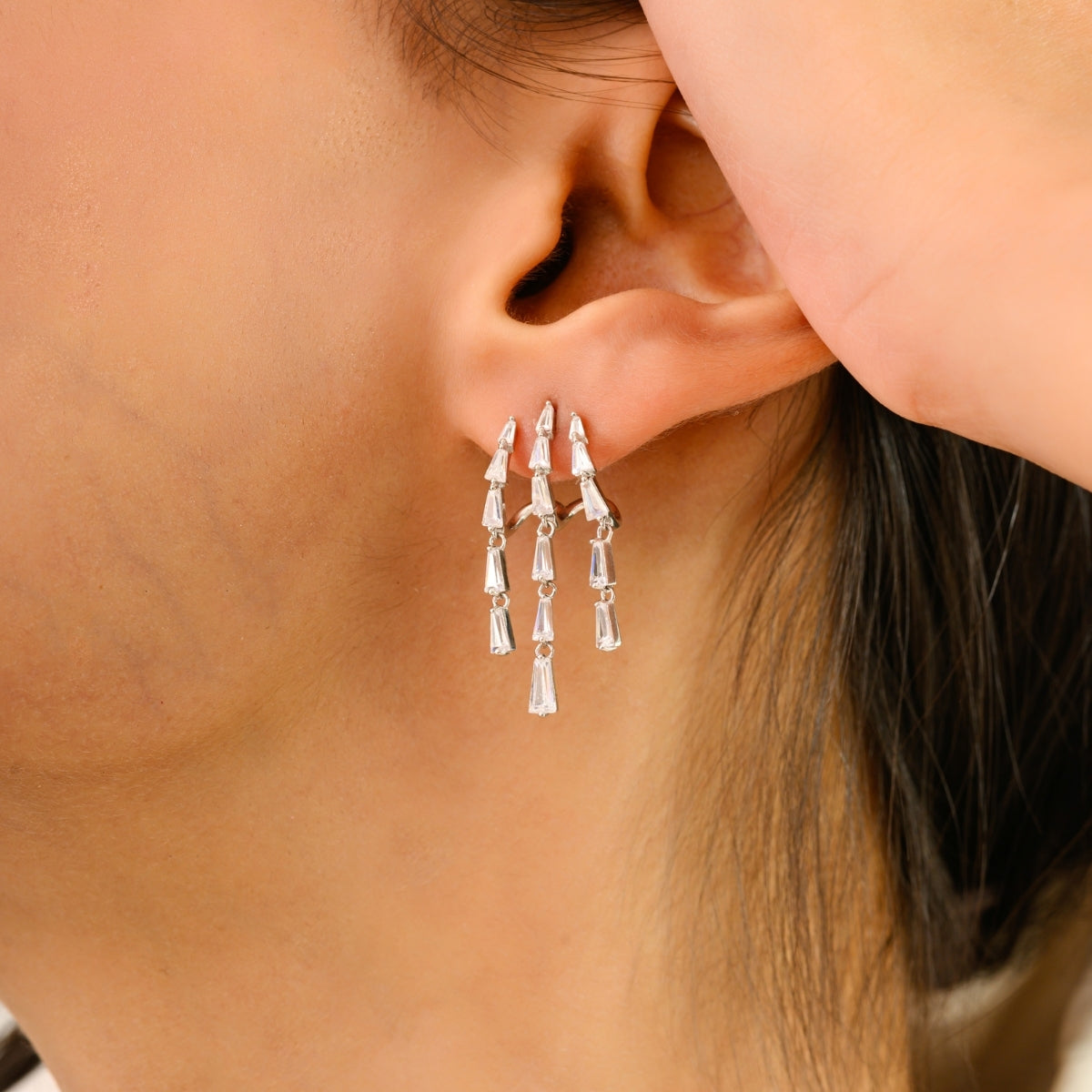 925 Silver White CZ Fringe Earrings