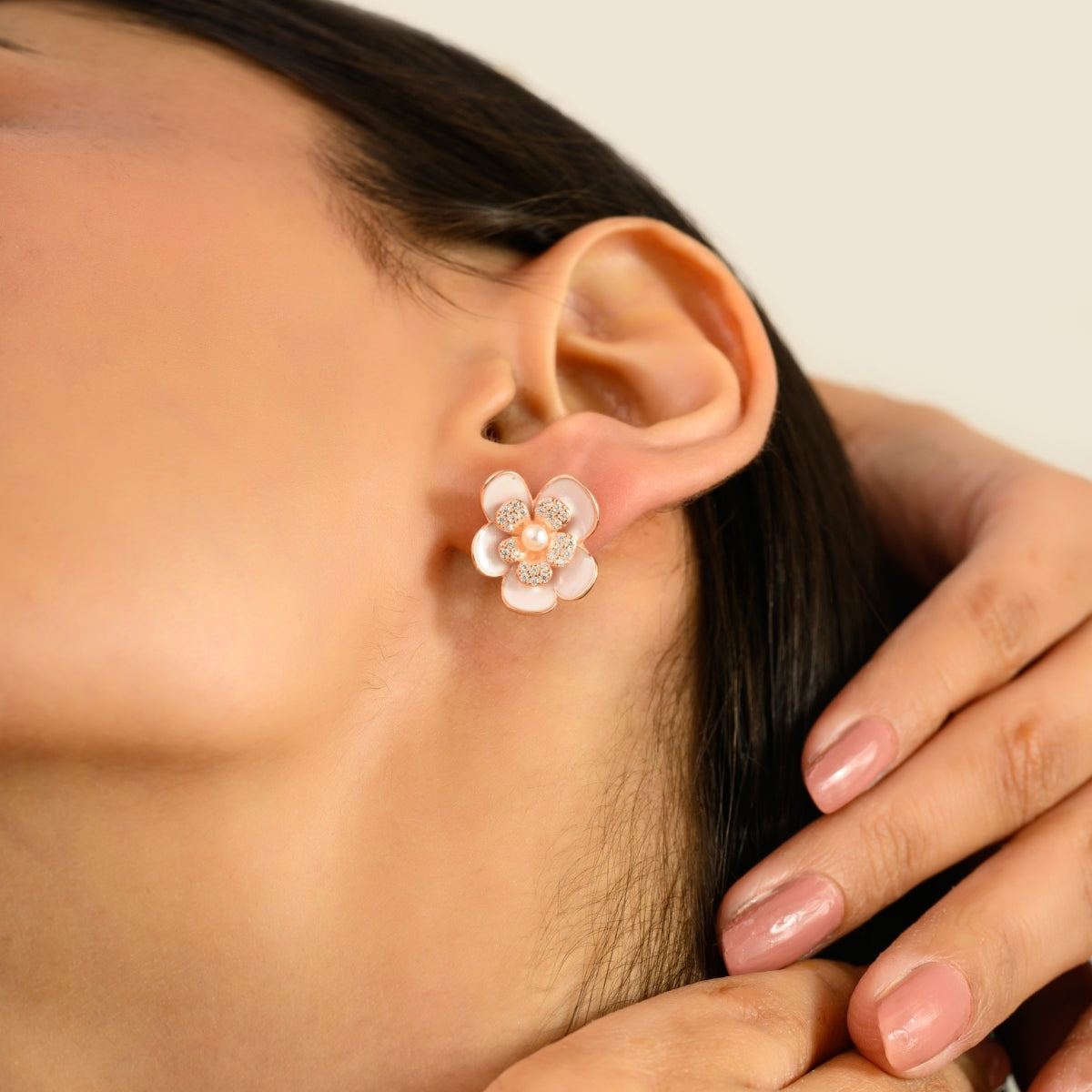 925 Silver Rose Gold White CZ with Pearl Floral Enamel Stud Earrings