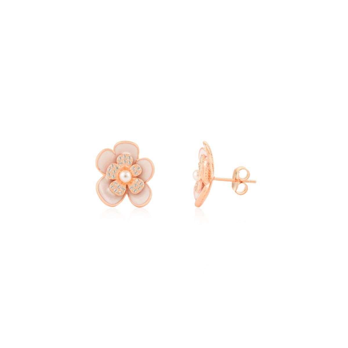 925 Silver Rose Gold White CZ with Pearl Floral Enamel Stud Earrings
