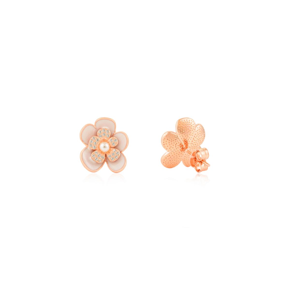 925 Silver Rose Gold White CZ with Pearl Floral Enamel Stud Earrings