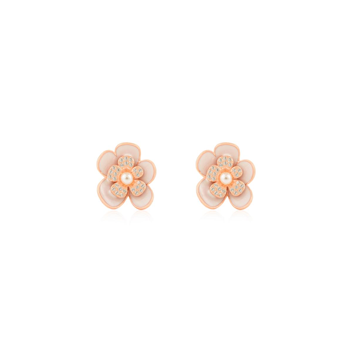 925 Silver Rose Gold White CZ with Pearl Floral Enamel Stud Earrings