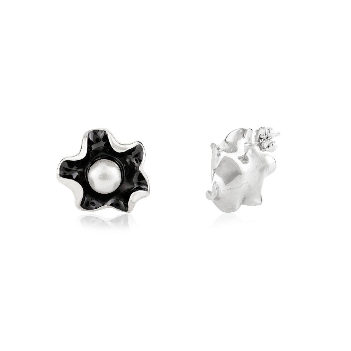 925 Silver Pearl Floral Black Enamel Stud Earrings