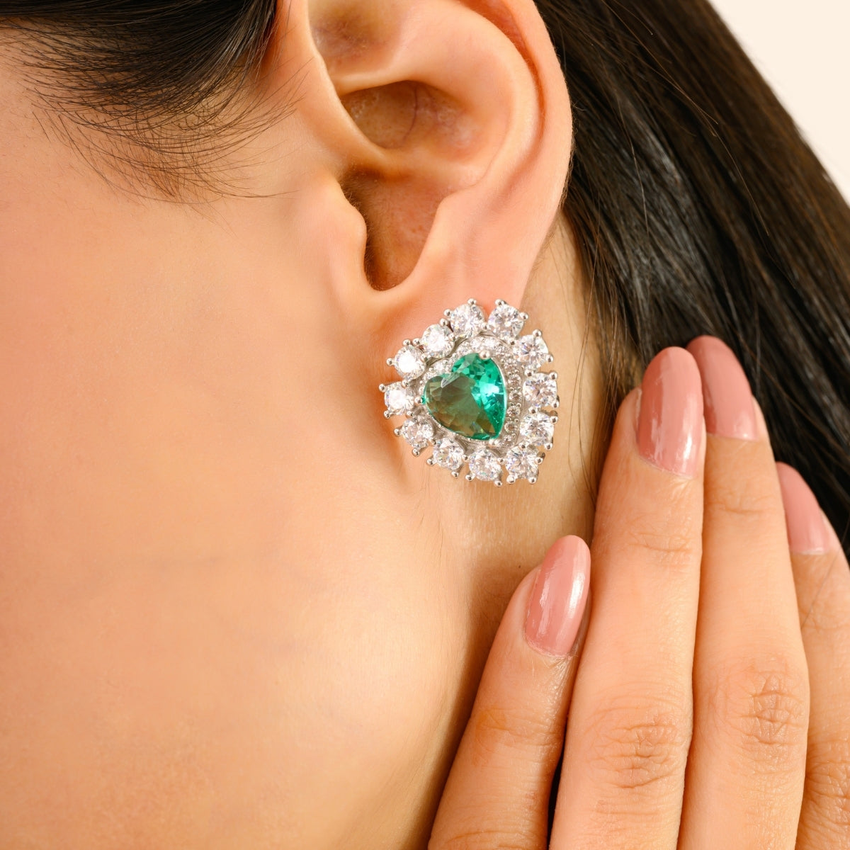 925 Silver White and Green Cubic Zirconia Heart Earrings