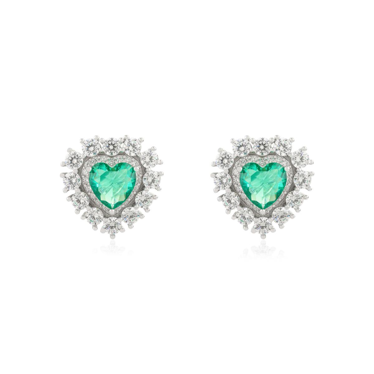 925 Silver White and Green Cubic Zirconia Heart Earrings
