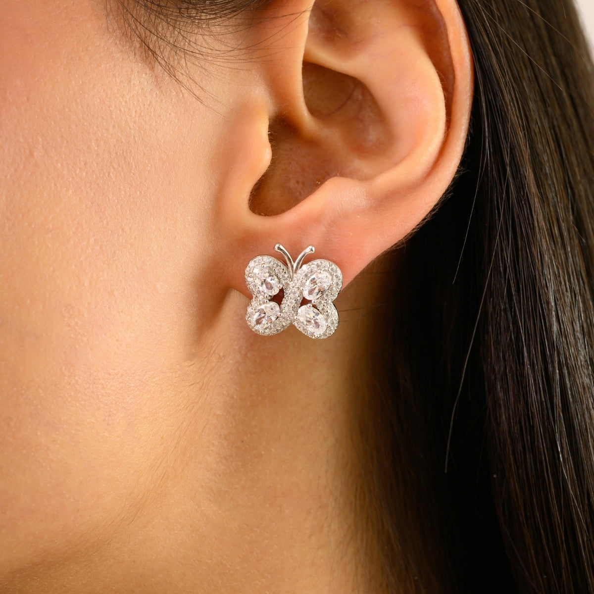 925 Silver White CZ Dainty Butterfly Earrings