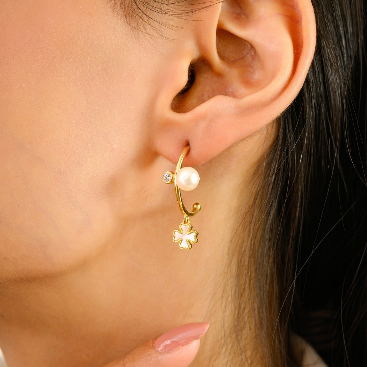 925 Silver Yellow Gold Plated Semi Hoop Charm Earrings