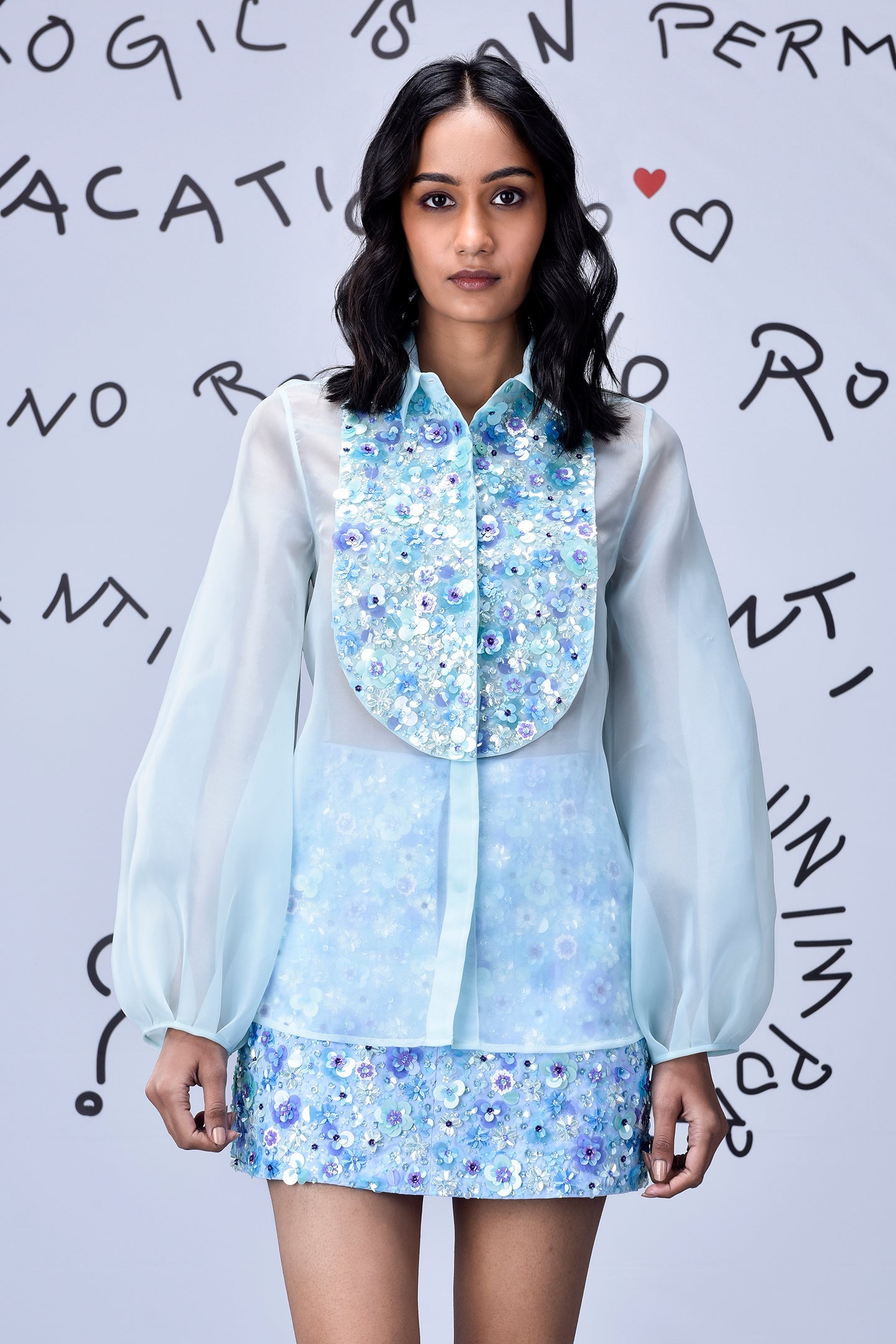 3D Sequence Collar Regular Fit Top- Light Blue