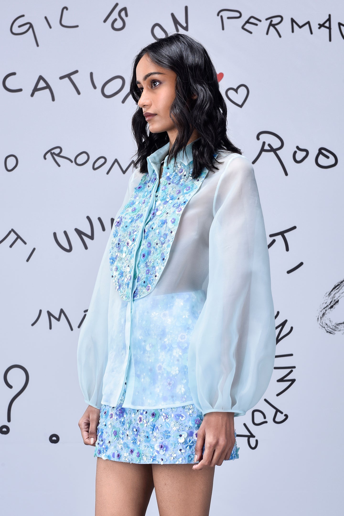 3D Sequence Collar Regular Fit Top- Light Blue