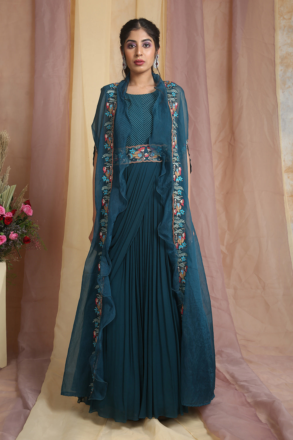 Peacock Blue Drape Gown With Cape And Belt - Auraya Fashion - Miku Kumar -
