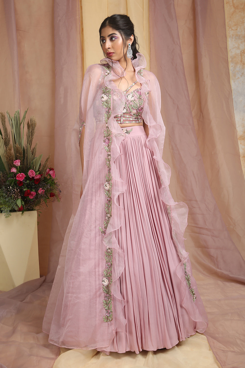 Multi Color Corset With Skirt And Cape Set - Auraya Fashion - Miku Kumar -