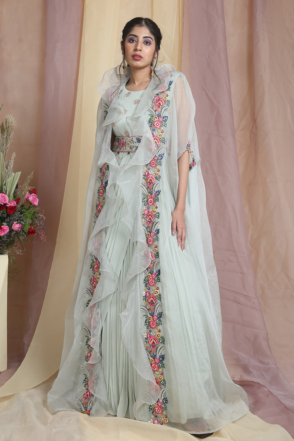 Mint Green Drape Gown With Cape And Belt - Auraya Fashion - Miku Kumar -