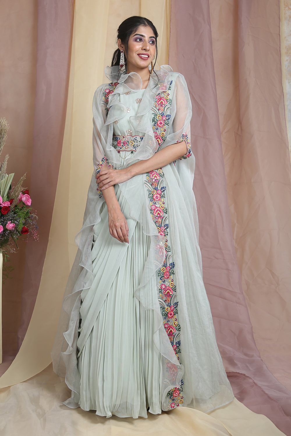 Mint Green Drape Gown With Cape And Belt - Auraya Fashion