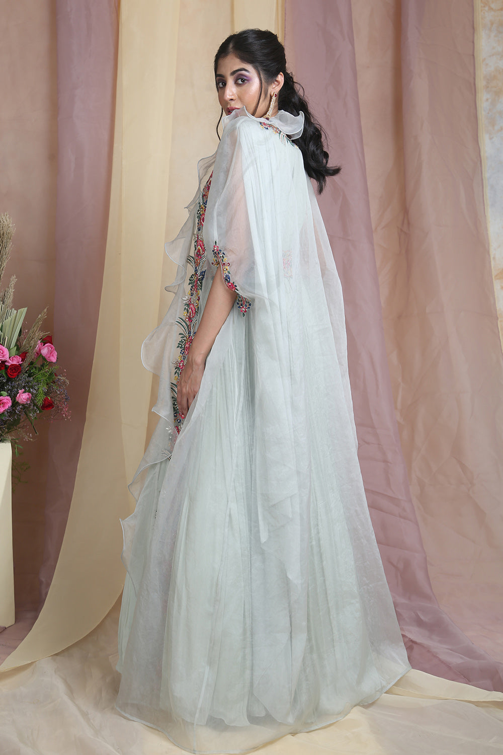 Mint Green Drape Gown With Cape And Belt - Auraya Fashion