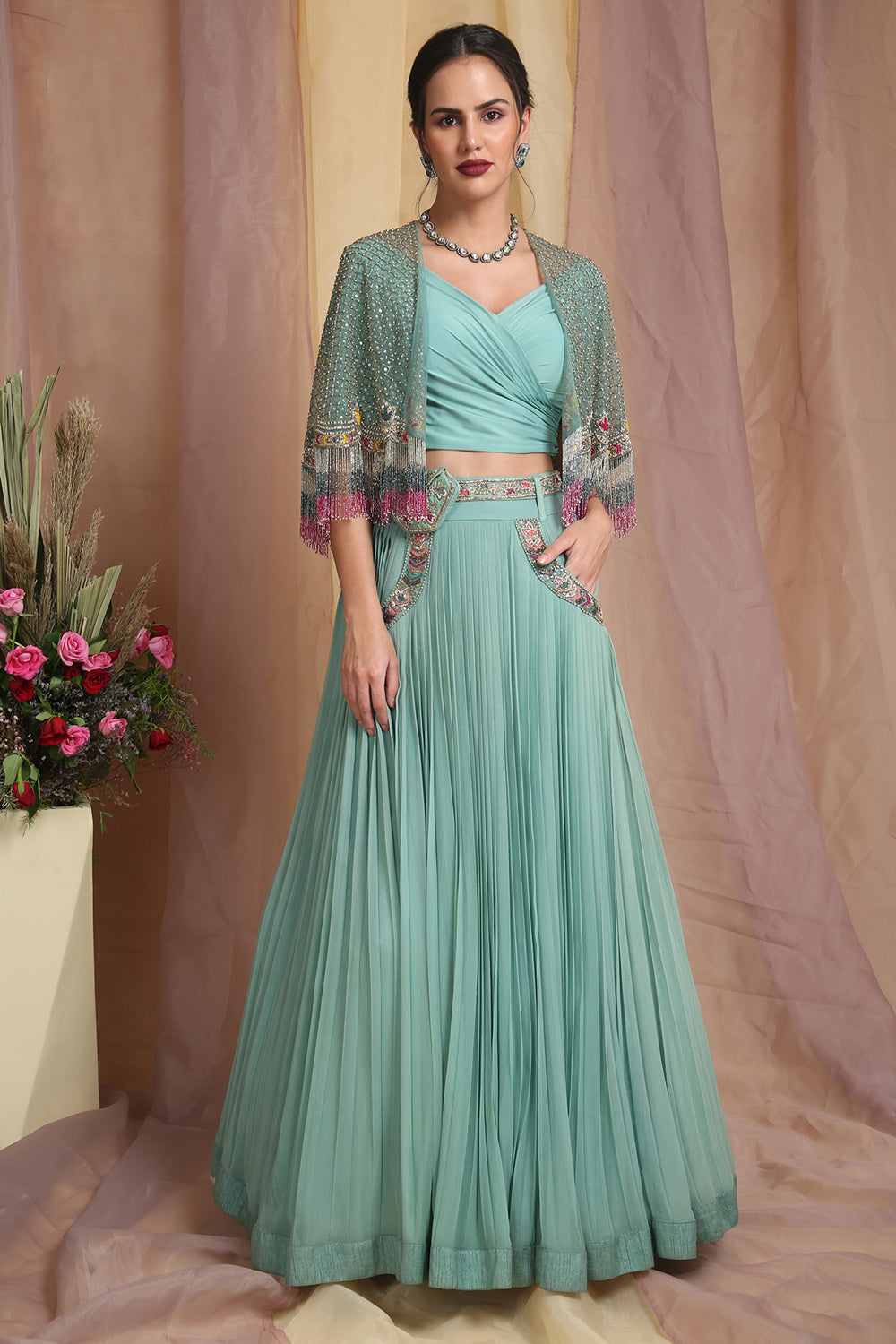 Sea Green Cape Drape Skirt Set - Auraya Fashion - Miku Kumar -