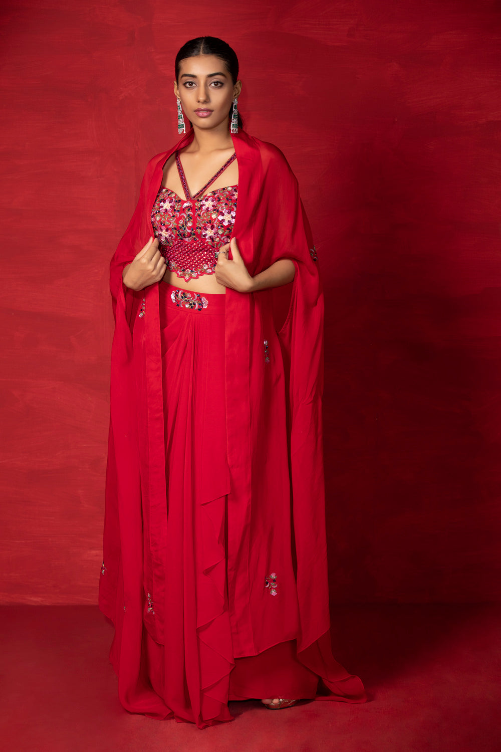 Cape With Drape Skirt And Embroidered Corset - Auraya Fashion - Miku Kumar -