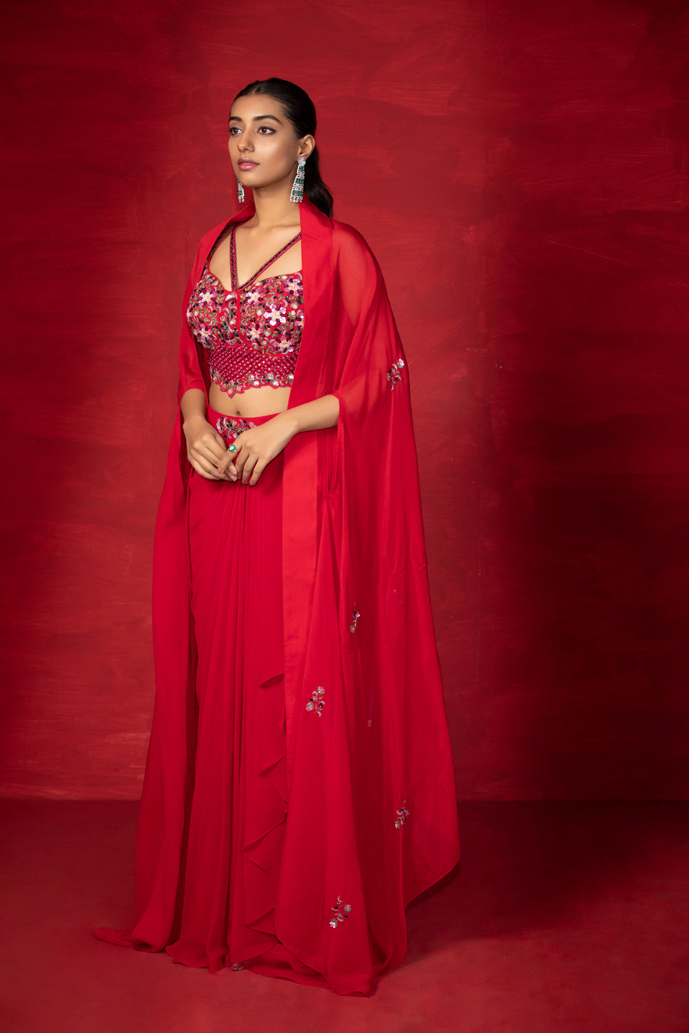 Cape With Drape Skirt And Embroidered Corset - Auraya Fashion